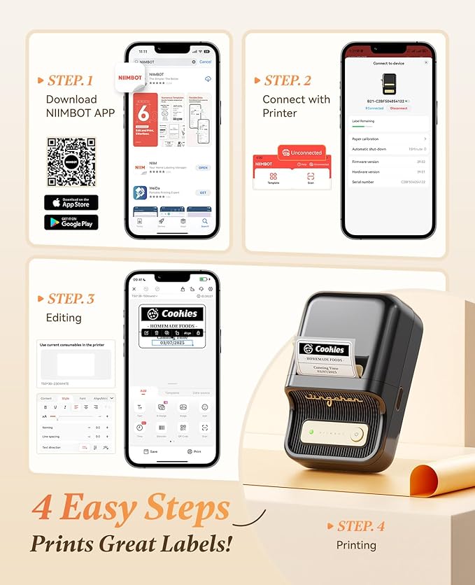 NIIMBOT B21 Label Maker, Thermal Label Printer, Portable Inkless Label Makers for Home/Office/Business, with 1 Pack 50x30mm White Label, Compatible with iOS & Android (Black)