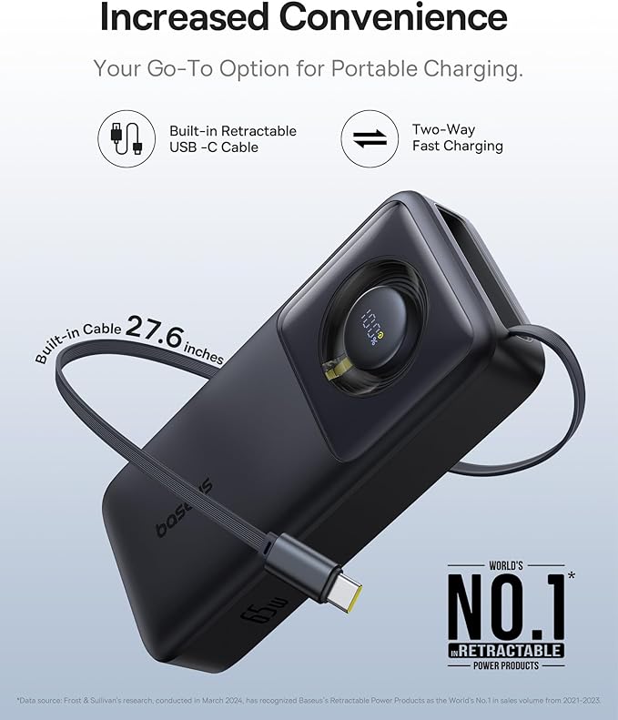 Baseus 65W Power Bank 20000mAh, Laptop Portable Charger Built-in Retractable USB C Cable, Fast Charging Battery Pack for Steam Deck, MacBook Pro, iPad, iPhone 16/15 Series, Samsung S23 S22 (Black)
