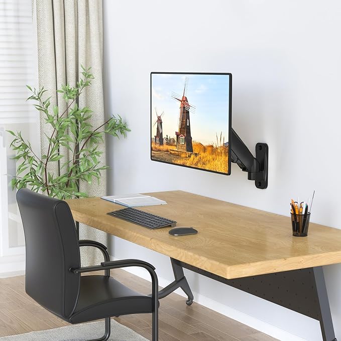 WALI Monitor Wall Mount 27+ inch, Wall Mount Monitor Arm Fits 1 Screen up to 32 inch, Single Monitors Mount Holds up to 19.8lbs, Monitors Arm Max Extension 13.4 inch,(GSWM001S), Black