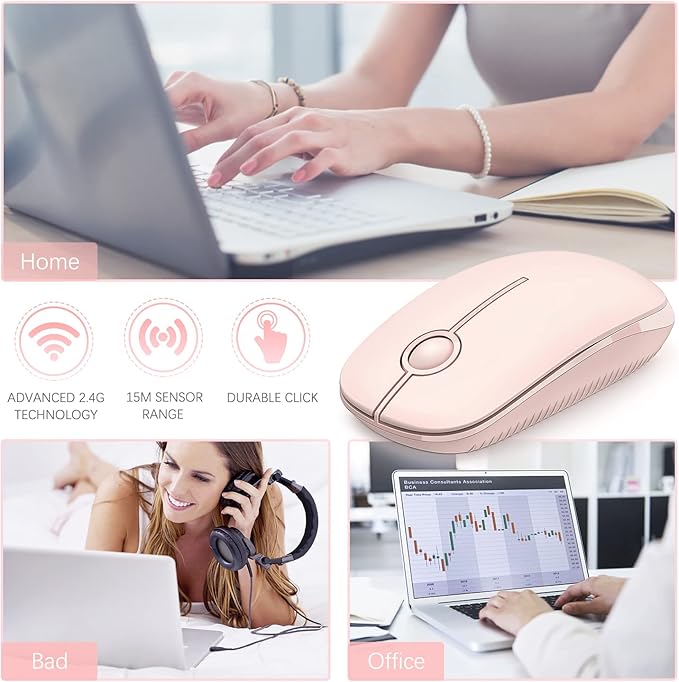 Unipows Wireless Mouse - 2.4G Slim Portable Computer Mouse with Nano Receiver, Less Noise Mobile Optical Mice for Notebook, PC, Laptop, Computer, Mac (Pink)