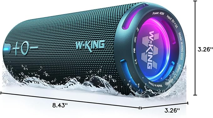 W-KING Portable Bluetooth Speakers Loud, IPX7 Waterproof Outdoor Speakers Wireless, APP Customized EQ, Dual Voice Coil/Deep Bass, 360° Sound with Lights/V5.3/TF/AUX, 40W Party Boombox Shower Speaker