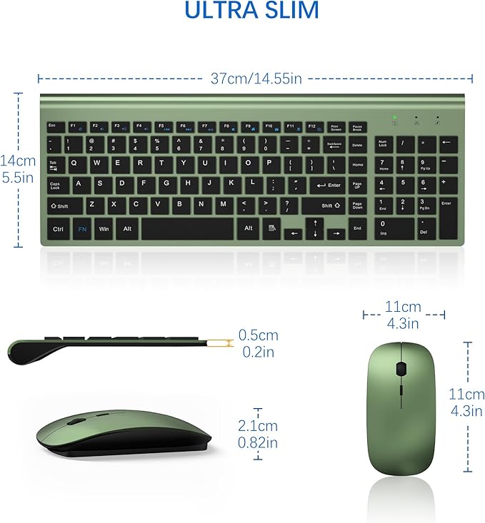 Wireless Keyboard and Mouse Ultra Slim Combo, TopMate 2.4G Silent Compact USB 2400DPI Mouse and Scissor Switch Keyboard Set with Cover, Batteries Included, for PC/Laptop/Windows/Mac - Green Black