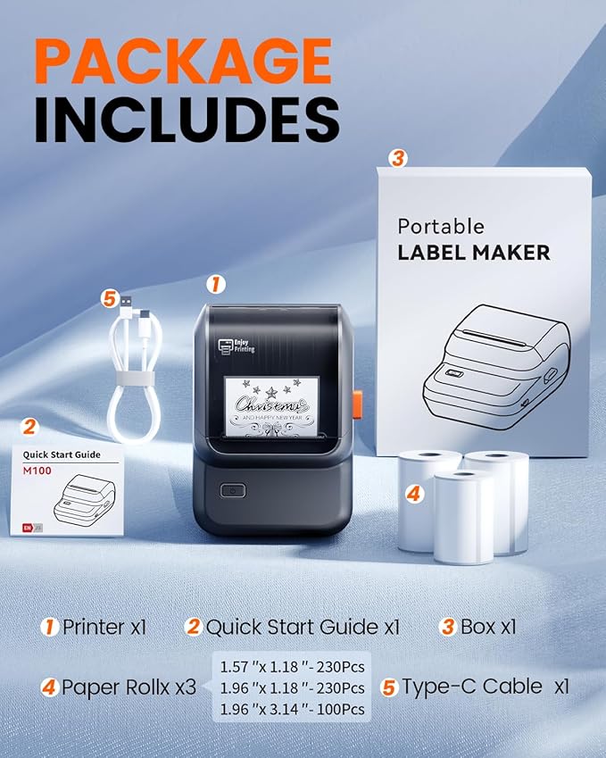 Label Maker with 3 Tapes, M100 Address Barcode Label Printer, Versatile App with 4000 Icons and 300 Templates, Bluetooth Thermal Label Printer for Small Business, Office, Home, School, Black
