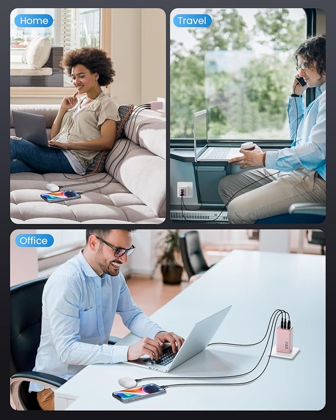 128W USB C Wall Charger,GaN III 3-Port Fast Charging Station,PD QC Foldable Charger Block Portable 65W Laptop Adapter for MacBook Pro/Air,iPad Pro,Galaxy S23,Dell XPS 13,iPhone 17/16/Pro etc