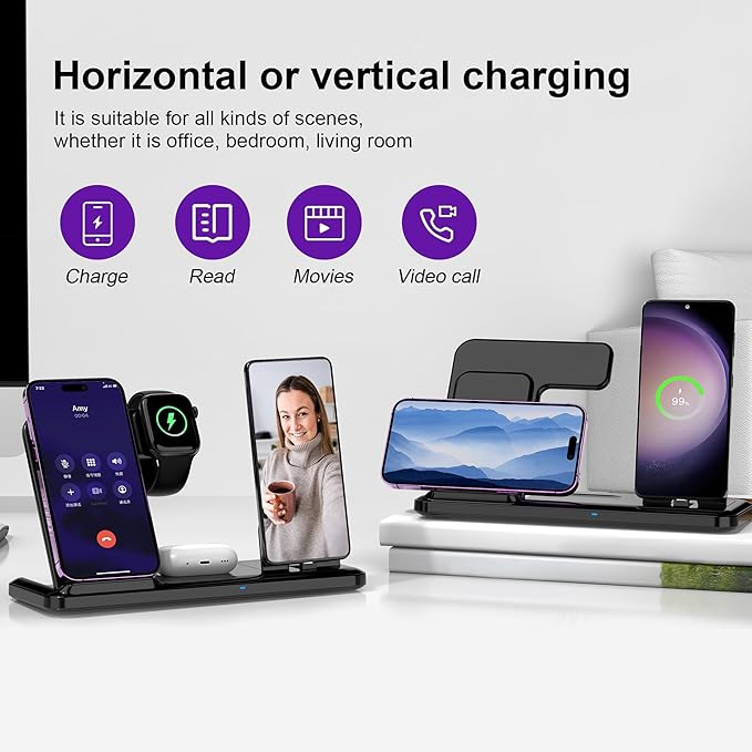 Wireless Charger for iPhone Charging Station, Foldable 4 in 1 Fast Charging for iPhone 16 15 14 13 12 Pro Max Plus, Charger Stand for Apple Watch & Airpods 4 3 2 Pro,for Samsung Series Yellow