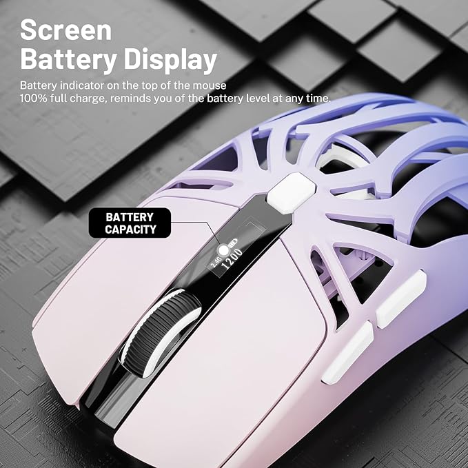Wireless Gaming Mouse, 10000 DPI, Tri-Mode 2.4GHz/Bluetooth/Wired Mouse, 6 Buttons, Digital Display, Silent Mice, Rechargeable, Customizable Macro and RGB Backlight for PC/Mac/Laptop (Purple)