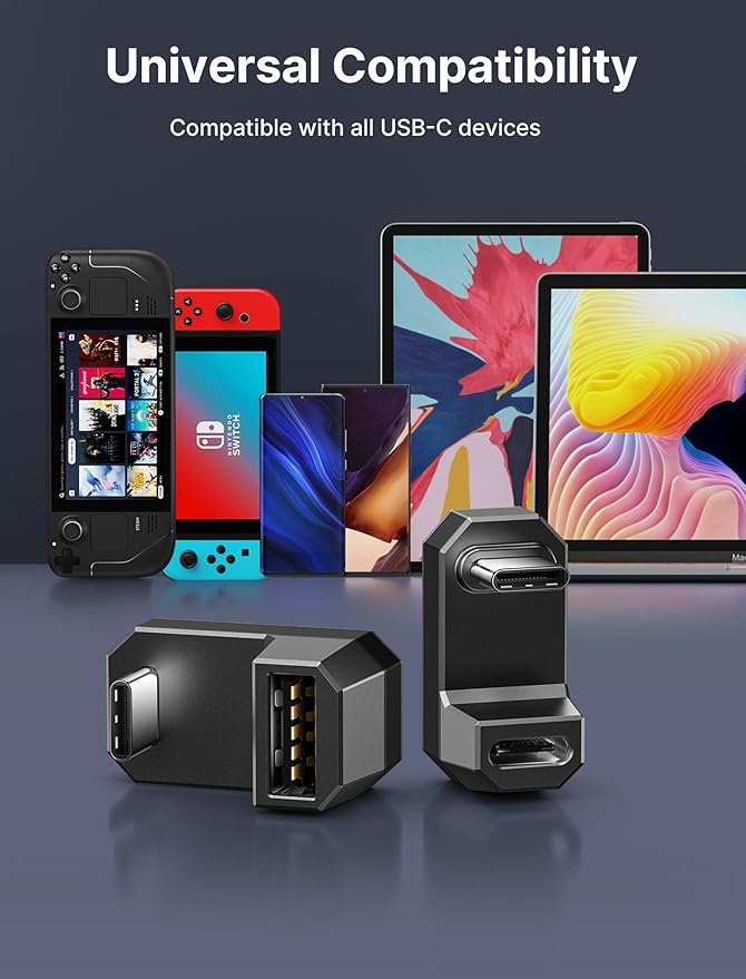 JSAUX 180° USB C Adapter 2 Pack, 180 Degree Angle Type C Male to Type C Female (USB 4.0/PD 100W) and USB C Male to USB A Female Adapter, for Steam Deck, Switch 2, Laptop, Tablet, Phone - Black