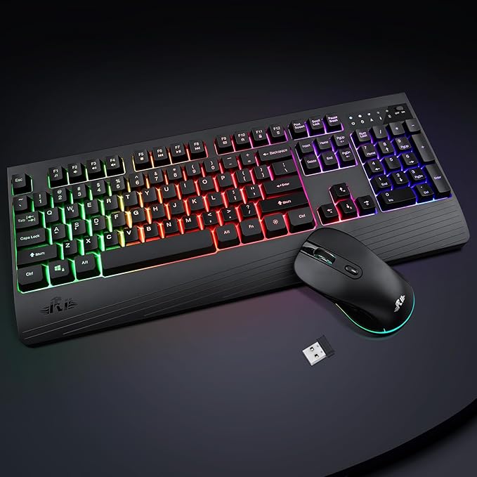 Rii RK210 Wireless Keyboard and Mouse Combo,2.4GHz Full Size Rechargeable Gaming RGB Keyboard and Mouse for Gaming,Office
