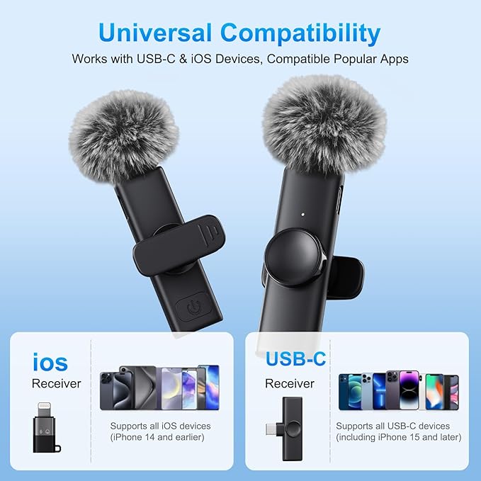 2 Pack Wireless Lavalier Microphone for iPhone iPad Android, Plug & Play Lapel Mic with Noise Reduction, Professional Mini Mic for Video Recording, YouTube TikTok Vlog Podcast Interview Livestream
