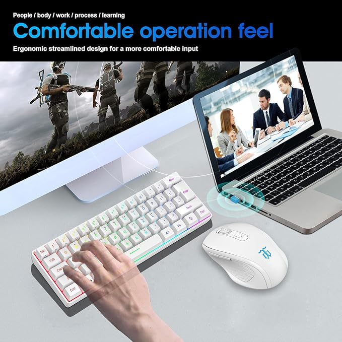 Snpurdiri 2.4G Wireless Gaming Keyboard and Mouse Combo, Include Small 60% Merchanical Feel Ergonomic Design Mini Wireless Mouse(White)