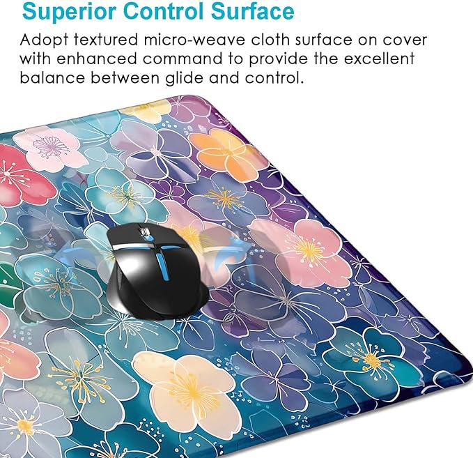 Colorful Flowers Large Mouse Pad Mat, Pink Blue Yellow and Green Pattern Desk Mat, Watercolor Beautiful Floral Computer Desk Pads for Office, Non-Slip Laptop Computer Pad, 31.5x11.8 in