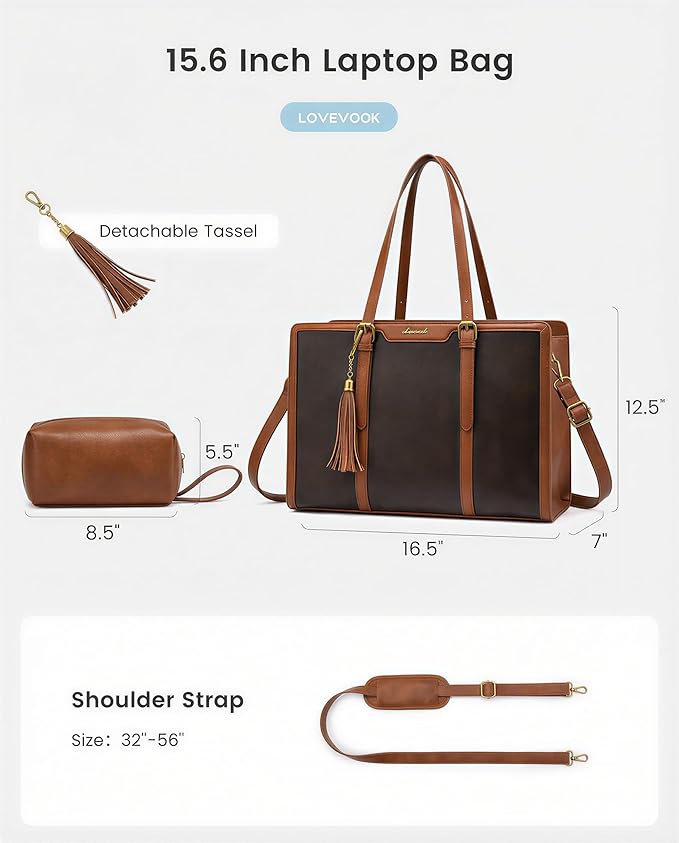 LOVEVOOK Laptop Bag for Women Vintage Leather Work Tote 15.6 inch Large Capacity Computer Bag with Clutch Purse for Teacher,Office,Casual