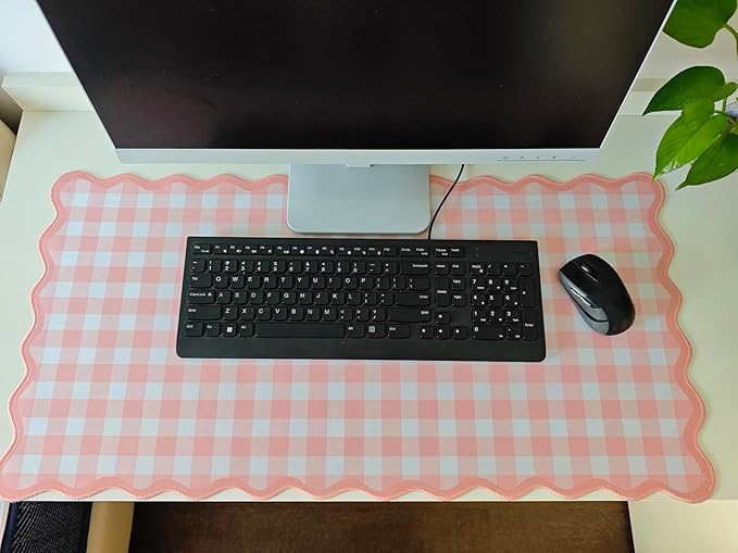 Scalloped Pink Checkered Gingham Desk Mat Cute Pastel Large Mouse Pad Kawaii Cottagecore Vintage Girly Laptop Keyboard Computer Mat Pad Aesthetic Cozy Office Desk Decor for Women