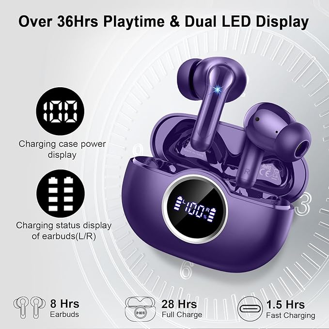 Bluetooth 5.4 Earbuds, 2026 Wireless Headphones 3D-Stereo Ear Buds, 4 ENC Noise Cancelling Mic, 40+Hrs USB-C in-Ear Earphone, IP-X7 Waterproof Sport Workout Gym for Laptop Pad Android iOS
