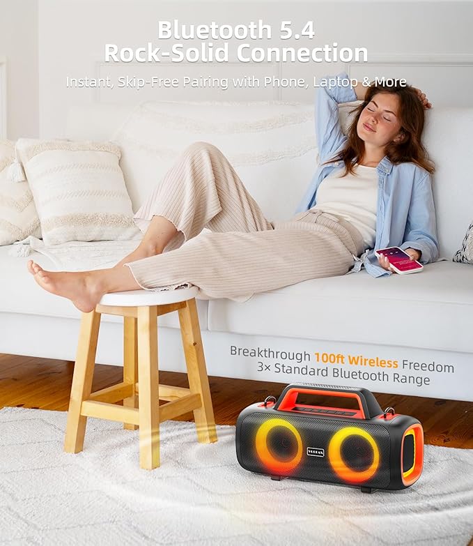 Portable Bluetooth Speaker 140W, Loud Wireless Speaker with 2 Subwoofers & Bass Boost, IP65 Waterproof Outdoor, 12000mAh Battery 24H Playtime, RGB Lights, TF/AUX/Mic Input for Home, Party, Outdoor