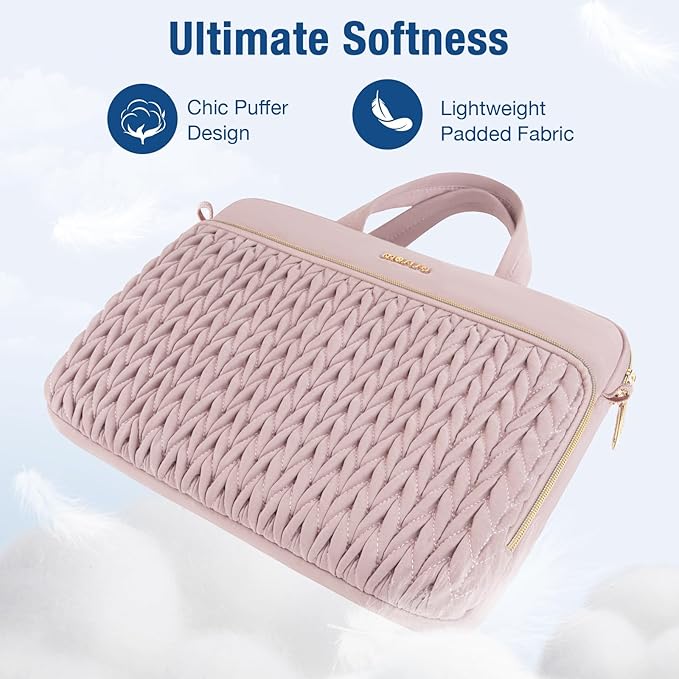 MOSISO 15.6 inch Laptop Shoulder Bag for Women, 15-16 inch Computer Bags Compatible with MacBook Pro 16 inch/Air 15 inch,HP Dell Lenovo ASUS, Wheat Ear Quilted Laptop Bag with Handle&Pocket, Pink