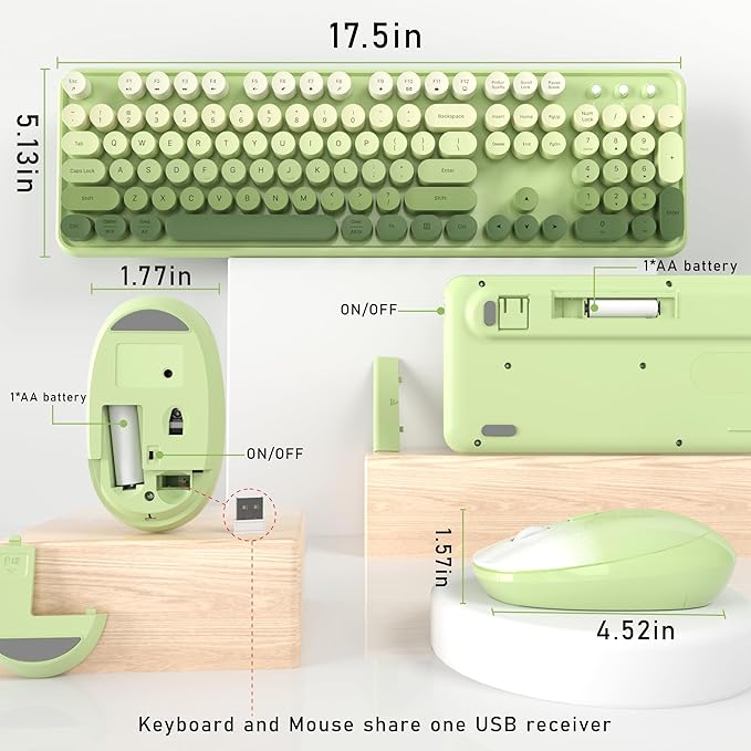 Wireless Keyboard and Mouse, Full-Size Retro Typewriter Keyboard with Round Keycaps, 2.4GHz for Windows, Mac, Laptop, PC, Desktop (Green Gradient)