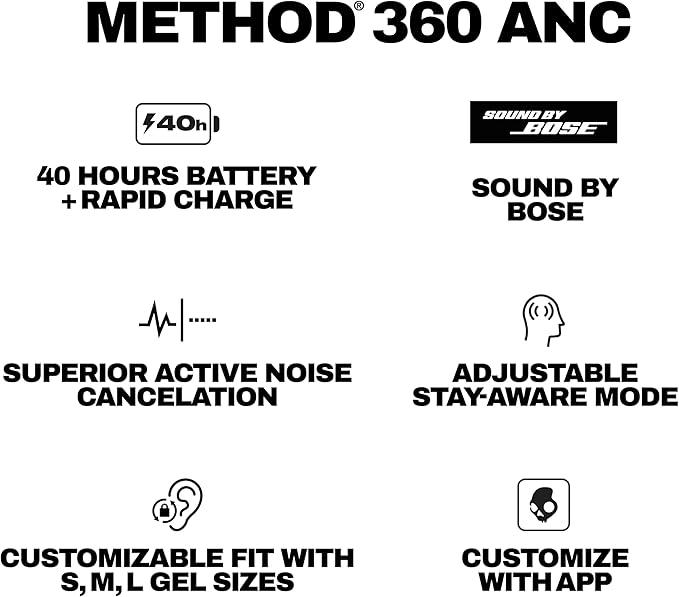 Skullcandy Method 360 ANC Wireless Earbuds, Sound by Bose, Bluetooth Headphones, Premium Noise Cancelling, Up to 40 Hrs Battery, Sweat and Water Resistant, Microphone for iPhone Android - Leopard