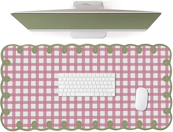 Cute Pink Green Scalloped Desk Mat Checkered Large Mouse Pad Kawaii Retro Cozy Vintage Cottagecore Aesthetic Office Desk Decor Stitched Nonslip Pad for Computer Keyboard & Mouse 31 * 15.7in