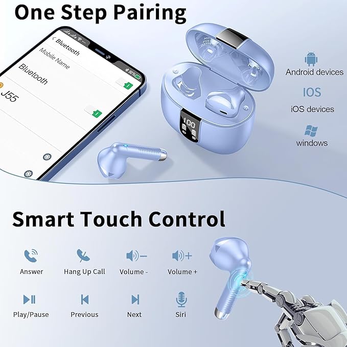 Wireless Earbuds, Bluetooth Headphones V5.4 Stereo Bass Ear Buds with ENC Noise Cancelling Mics,56H Bluetooth Earbuds with LED Display Charging Case, IP7 Waterproof Earphones for Android iOS【Mini】