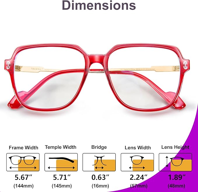 VISOONE Oversized Blue Light Blocking Glasses with Chic Square TR90 Frame and Metal Temple for Women Men REMY