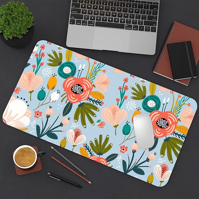 Desk Mat Large Protector Pad 31.5" ×15.7", Non-Slip PU Leather Desk Blotter, Waterproof Mouse Pad for Office Home Blue Floral