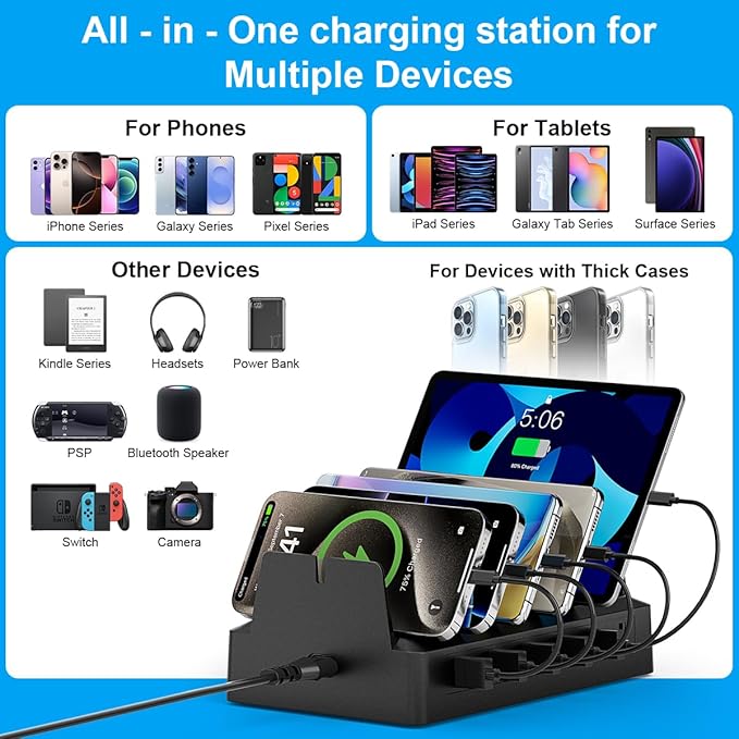 Charging Station for Multiple Devices, 6 Port USB Charger with Holder Stand and Cables for iPad, Apple, Android, Tablet, Office Desk Charging Dock Storage Organizer (White)