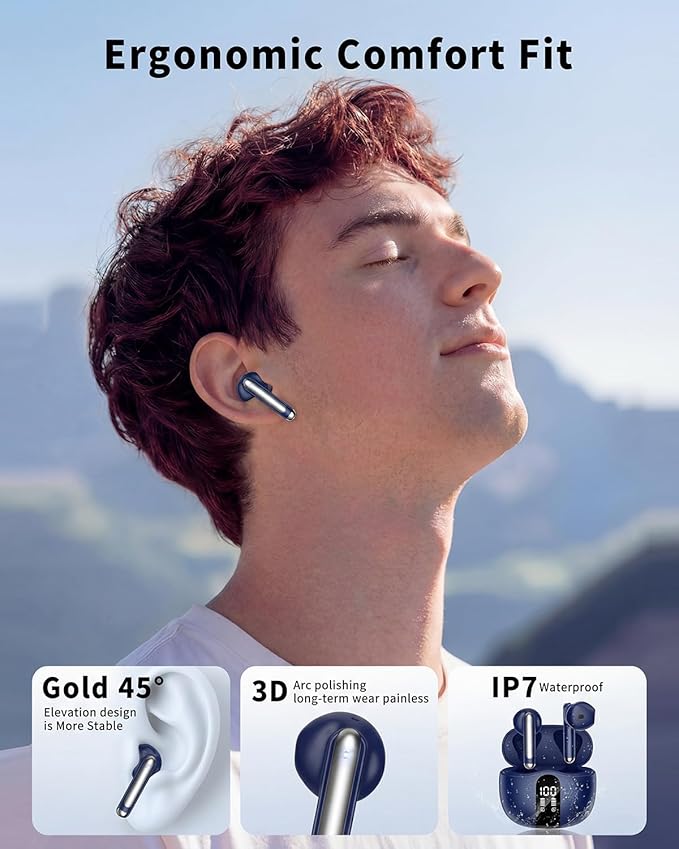 Wireless Earbuds, Bluetooth 5.4 Headphones HiFi Stereo, Ear Buds with 50H Playback, LED Display Wireless Earphones Clear Calls, IP7 Waterproof, Bluetooth Earbuds for Laptop/Phones/Sports, Navy Blue