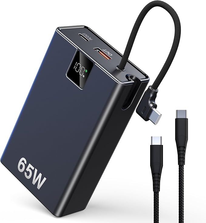 65W Power Bank 27000mAh TSA Approved, USB C Metal Laptop Charger Built-in Cable|Total 130W 3 Ports Fast Charging for MacBook,Steam Deck,iPad Pro|Airplane Safe Battery Pack for Travel,College Students