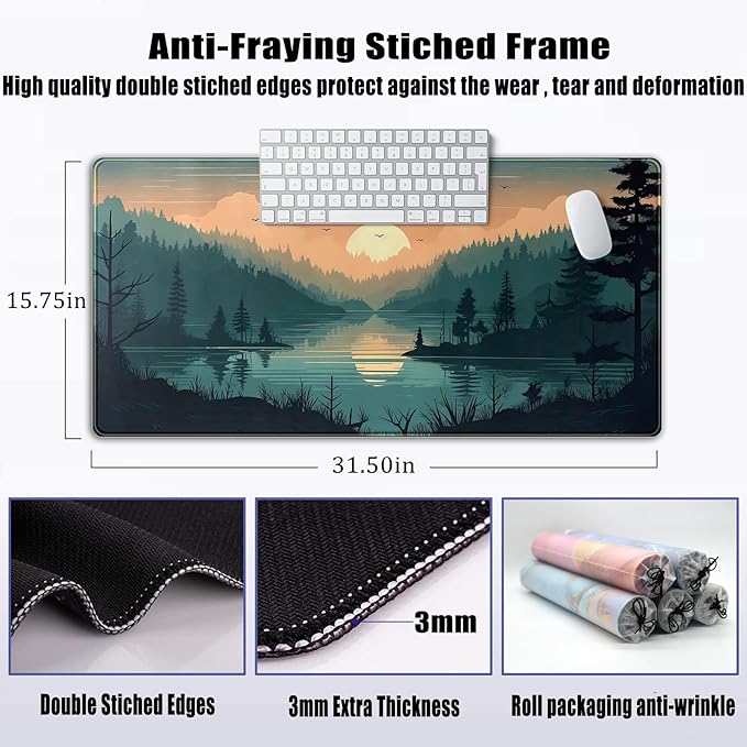Sunset Lake Desk Mat Scenic Forest Large Mouse Pad Extended Gaming Mousepad XXL Green Pine Color Mountain Nature Keyboard Pad Sunset Mountains Landscape Big Mouse Mat Desk Decor 31.5x15.7 in