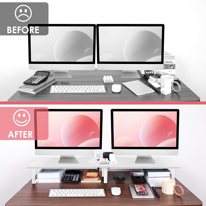 Across-Star Dual-Monitor Stand for Desk - Large Adjustable Length and Angle Riser for 2 Monitors, Double Computer Desktop Organizer, Shelf for TV, Laptop, Printer