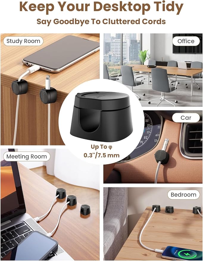 Kanemc Cable Clips Cord Holder for Desk, 360?? Spin Magnetic Wire Organizer Self Adhesive Cord Management for Office Desks Cars Home Kitchen Electronic Accessory (Black, 9 PCS) - Image 7