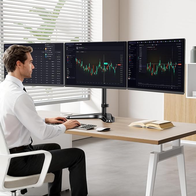 Triple Monitor Stand, Heavy Fully Adjustable Motion Mount Fits 3 Screens up to 27 inch, Free Standing Desk Stand with Base and Cable Management, 22 lbs Weight Capacity per Arm, Black