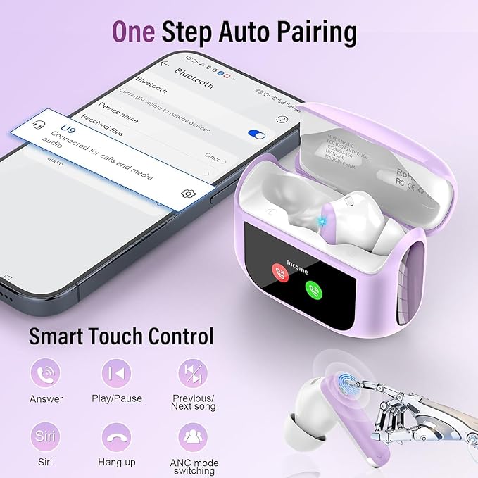 Wireless Earbuds, Bluetooth 5.4 Headphones with Multifunctional Touch Screen, 48H Bass Stereo Ear Buds with ANC/ENC Noise Cancelling/Transparency Mode, IPX7 Earphones with 5 EQ Modes, Taro purple