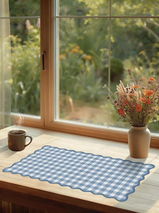 Scalloped Blue Checkered Gingham Desk Mat Cute Pastel XXL Large Gaming Mouse Pad Kawaii Cottagecore Vintage Rustic Keyboard Computer Mat Aesthetic Desk Pad Accessories Office Decor