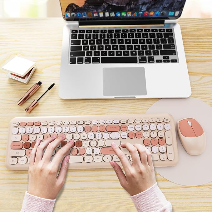 Wireless Keyboard and Mouse Combo, Colorful Ergonomic Full Size Retro Low-Noise Keyboard with Cute keycaps, Compatible with Windows, PC, Perfer for Home and Office Keyboards (Brown)
