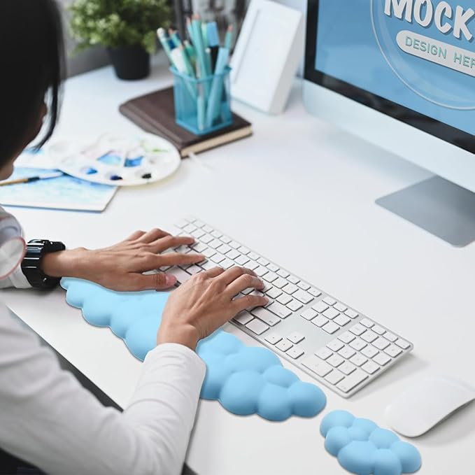 Cloud Wrist Rest Keyboard, PU Leather Memory Foam Wrist Support for Computer Keyboard, Ergonomic Keyboard Pad and Cute Mouse Wrist Pad for Gaming, Office, Computer, Easy Typing Pain Relief, Sky Blue