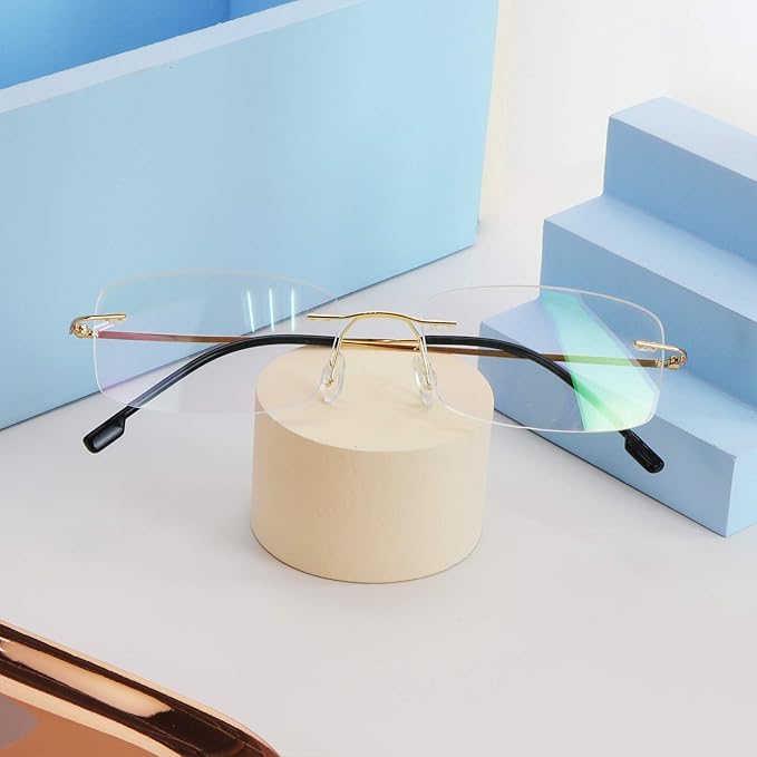 LifeArt Blue Light Blocking Computer Reading Glasses,Men's and Women's Rimless Frame (Golden, +1.50 Magnification)