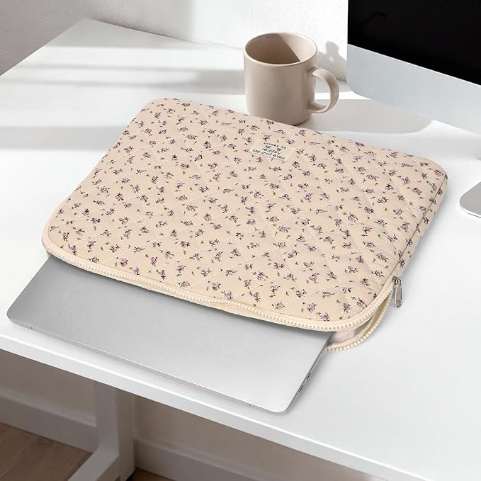 Puffy Laptop Sleeve Case Cute Computer Bag Flower Printed Quilted Laptop Carrying Cases Floral Pattern Protective Cover