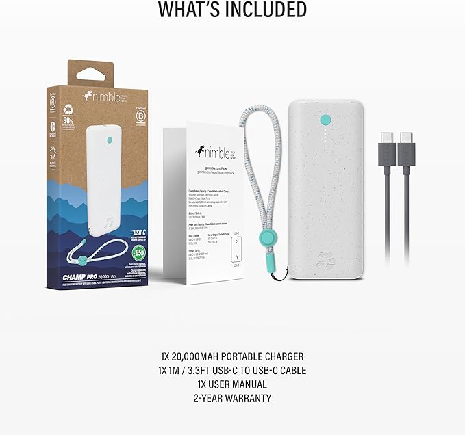 Nimble Champ Pro Portable Charger, 20,000mAh Power Bank with Cable, 65W Dual USB-C Fast Charging Battery Pack, Travel Essential Phone Power Bank for iPhone 17/16/15/14 Galaxy MacBook iPad Airpod Pixel