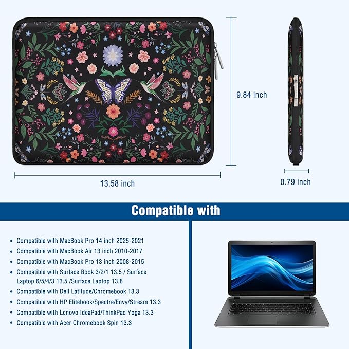 MOSISO Laptop Case 13.3 inch, 13-14 inch Laptop Sleeve Bag Compatible with MacBook Air/Pro 13/Pro 14, HP Dell Acer ASUS Lenovo, Neoprene Hummingbird Plants Flowers Computer Bag with Small Case, Black