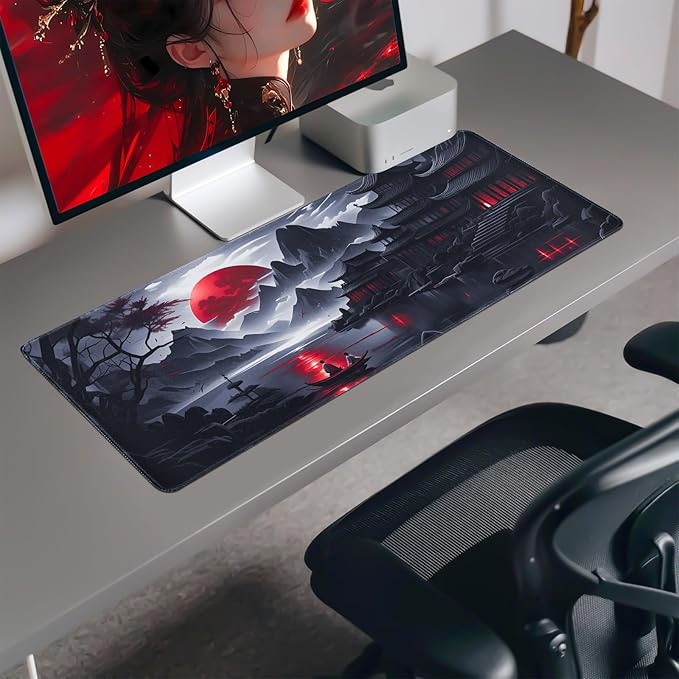 Large Gaming Mouse Pad, Anime Black Mousepad with Stitched Edges, Expanded Cool Desk Mat, Japanese Red Moon XL Keyboard Mat Suitable for Home Office,31.5 X 15.7 Inch