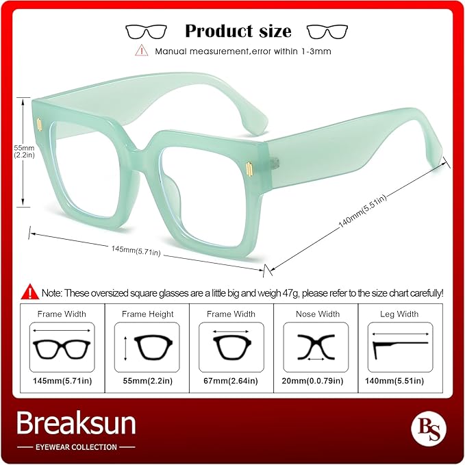 Breaksun Fashion Oversized Blue Light Blocking Glasses for Women Men Trendy Big Square Frame Computer Eyeglasses