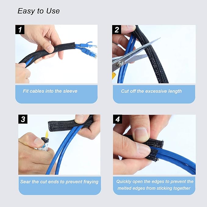 CrocSee 25ft - 1/4 inch Braided Cable Management Sleeve Cord Protector - Self-Wrapping Split Wire Loom for TV/Computer/Home Theater/Engine Bay - Black - Image 5