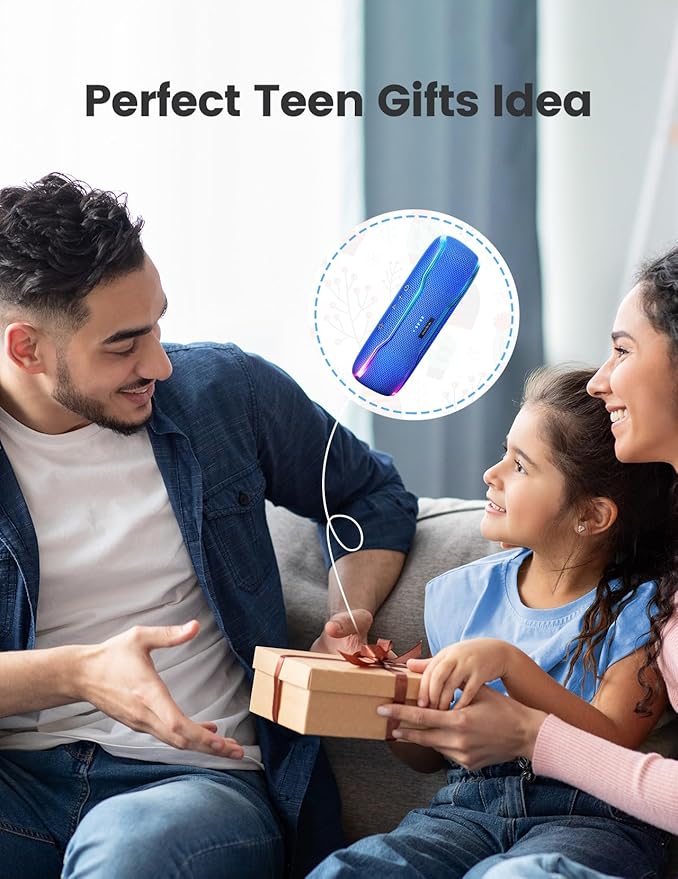 ERKEI SEHN Bluetooth Speaker, IPX7 Waterproof Wireless Speakers, Flashing Light, 25W Super Bass, 24H Playtime, Birthday Valentines Gifts for Him/Men, TWS Pairing, Beach Vacation Essentials, Blue