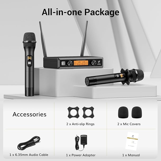 TONOR Wireless Microphones System, 2 * 15 Channel Metal Professional UHF Cordless Dynamic Handheld Mics with Receiver for Home Karaoke, Meeting, Party, Church, DJ, Wedding, KTV, 200ft, TW-820 Black
