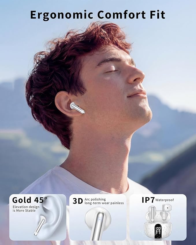 Wireless Earbuds, Bluetooth 5.4 Headphones HiFi Stereo, Ear Buds with 50H Playback, LED Display Wireless Earphones Clear Calls, IP7 Waterproof, Bluetooth Earbuds for Laptop/Phones/Sports, White