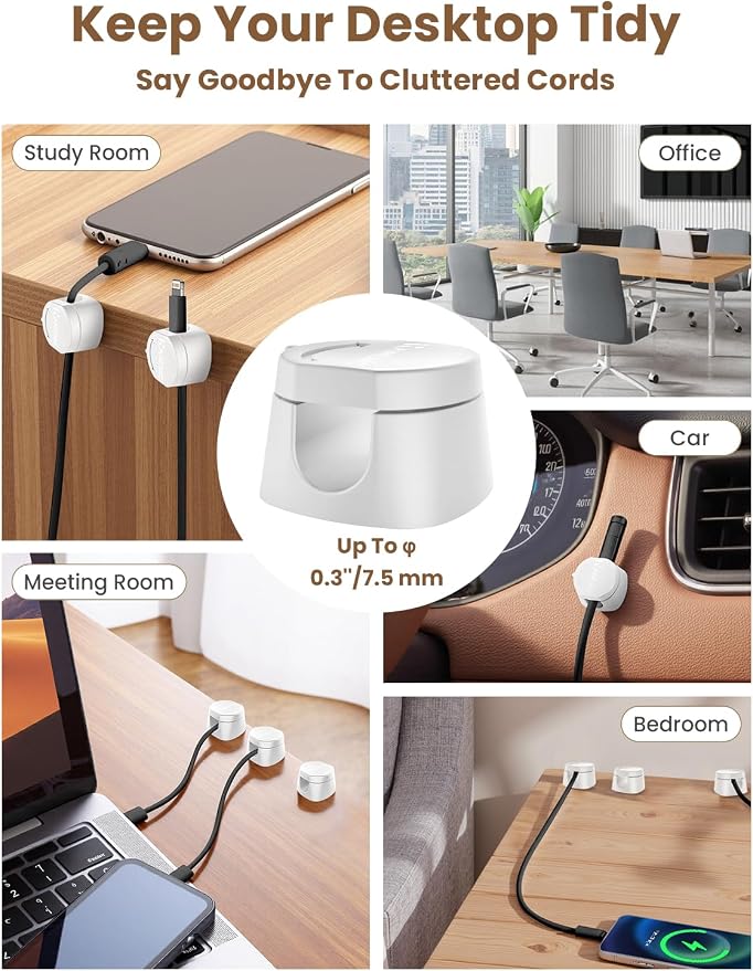 Kanemc Cable Clips Cord Holder for Desk, 360?? Spin Magnetic Wire Organizer Self Adhesive Cord Management for Office Desks Cars Home Kitchen Electronic Accessory (White, 9 PCS) - Image 7