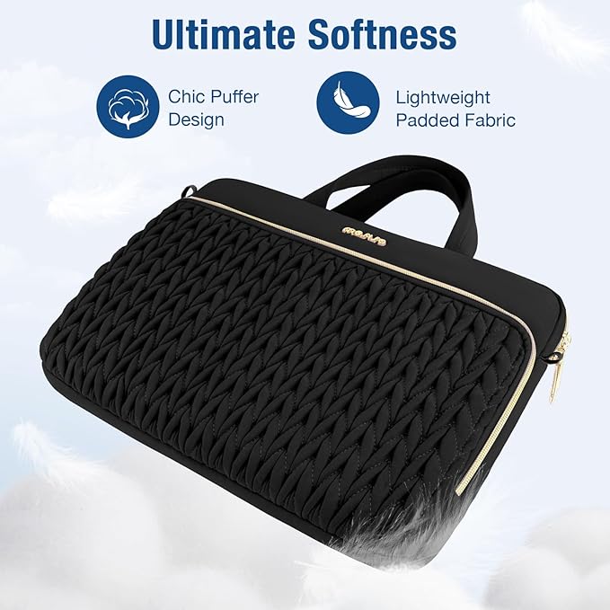 MOSISO 15.6 inch Laptop Shoulder Bag for Women, 15-16 inch Computer Bags Compatible with MacBook Pro 16 inch/Air 15 inch,HP Dell Lenovo ASUS, Wheat Ear Quilted Laptop Bag with Handle&Pocket, Black