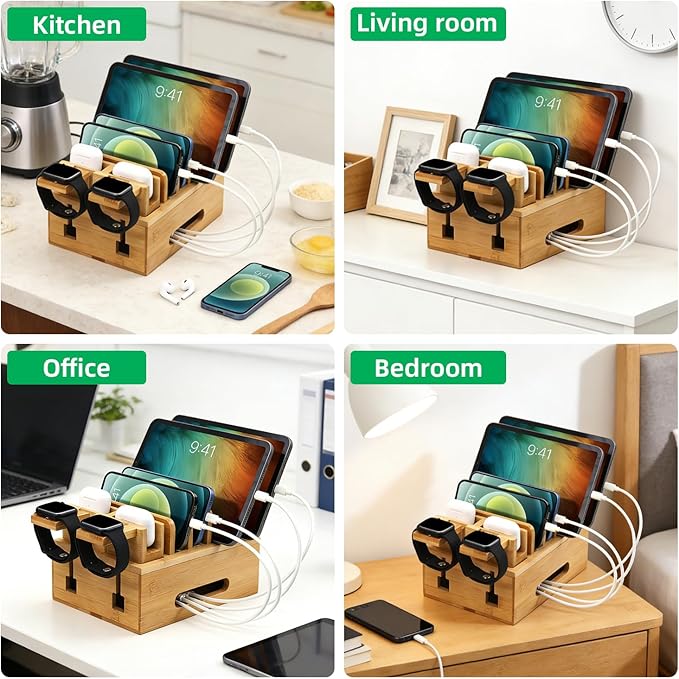 Bamboo Charging Stations for Multi Devices, Wood Desktop Docking Station Charger Organizer for Cell Phones, Tablets, Earphones, Watch (Includes 6 Charging Cables) (No Power Supply)